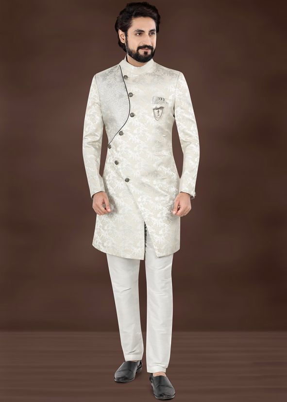 Silver Woven Men Indo Western Sherwani Set