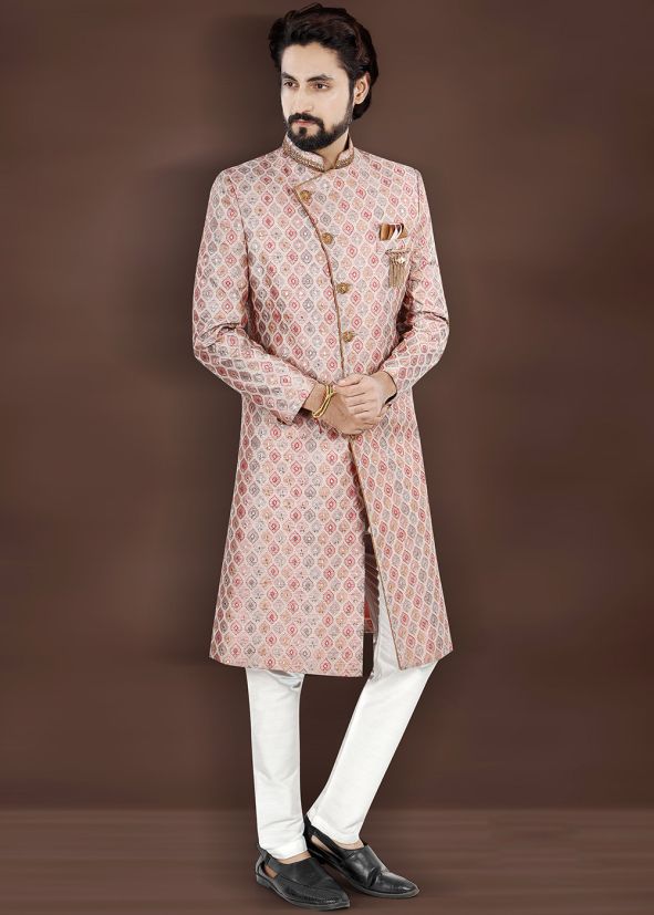 Pink Men Embroidered Brocade Sherwani Set