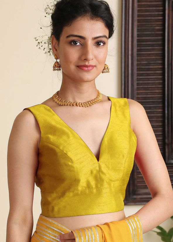 Yellow Readymade Blouse In Dupion Silk