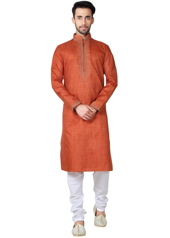 Readymade Orange Linen Kurta Pyjama Set
