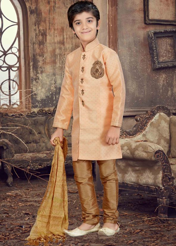 Sherwani for Kids - Buy Jacquard Peach Kids Sherwani for Boys Online USA