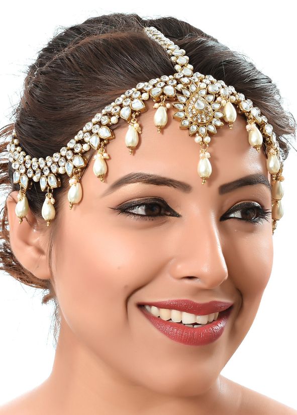Stone Studded Beaded White Matha Patti