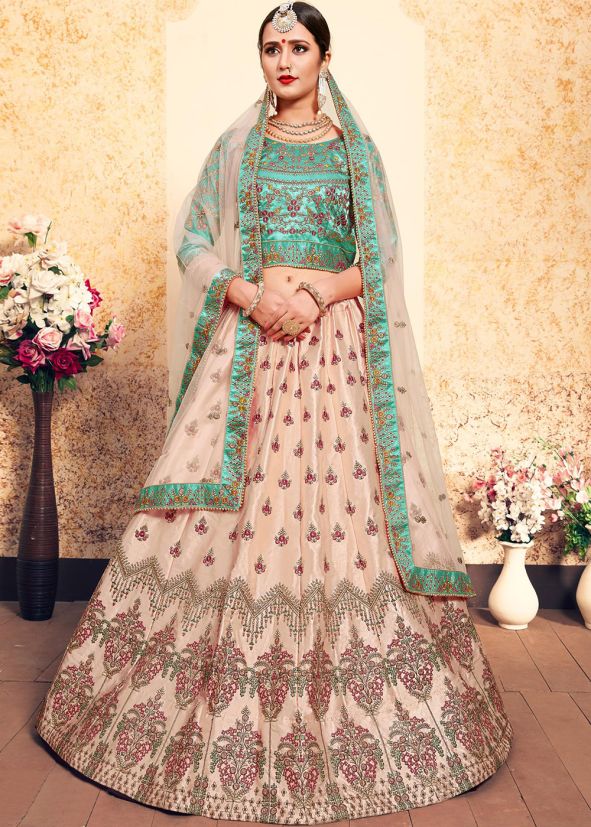 Pastel Peach Embroidered Satin Lehenga Choli