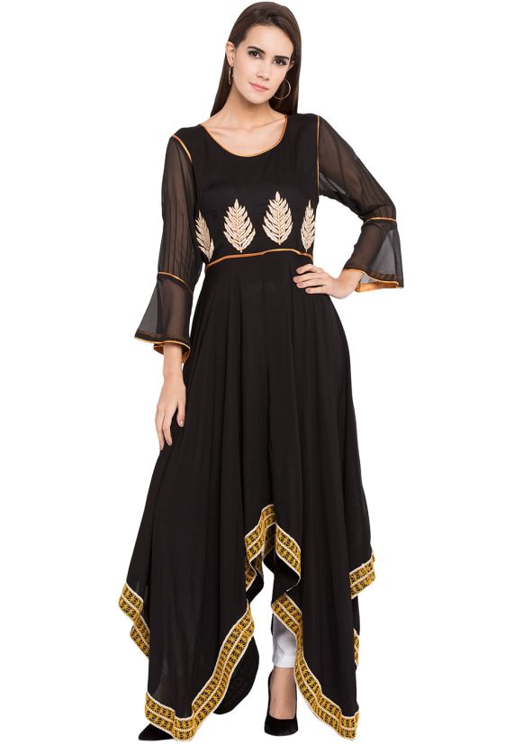 Readymade Black Cotton Asymmetric Long Kurta