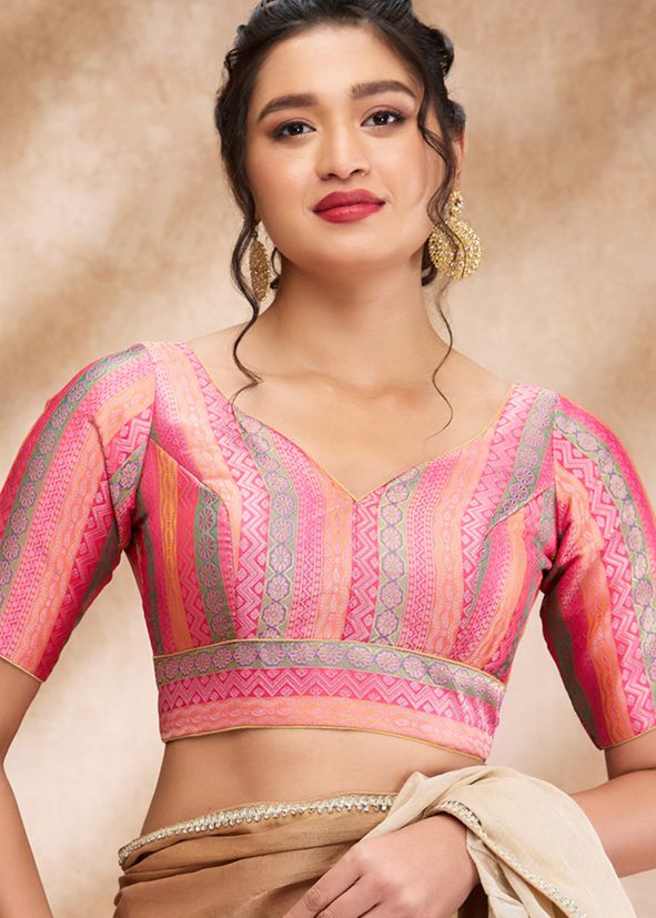 Pink Color Brocade Saree Blouse
