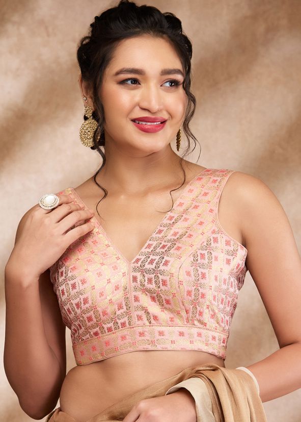 Peach Color Brocade Saree Blouse 