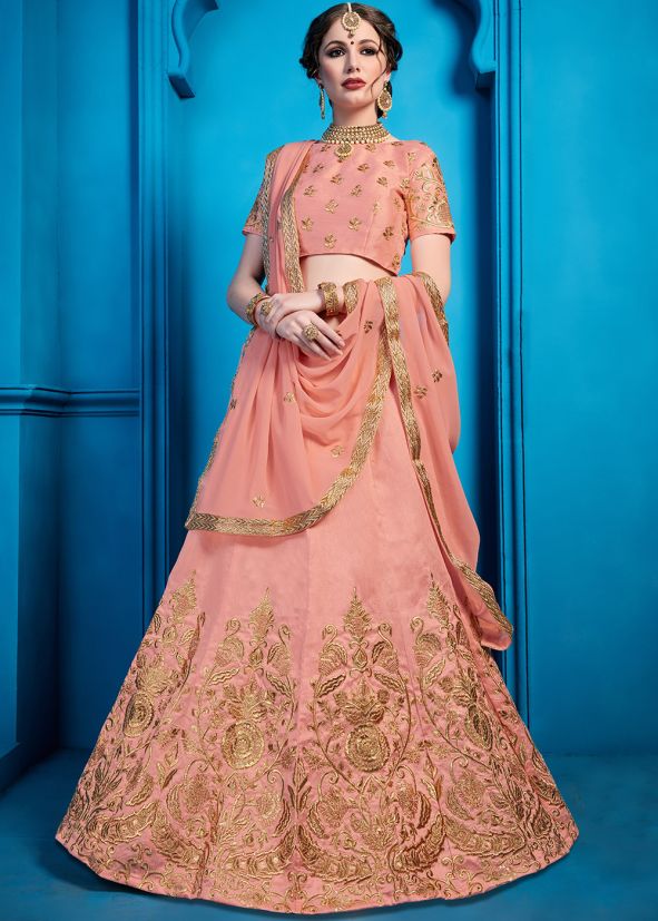 Buy Art Silk Zari Embellished Designer Peach Lehenga Choli Online USA