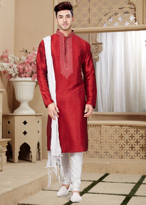 Red Art Dupion Kurta Pyjama Set