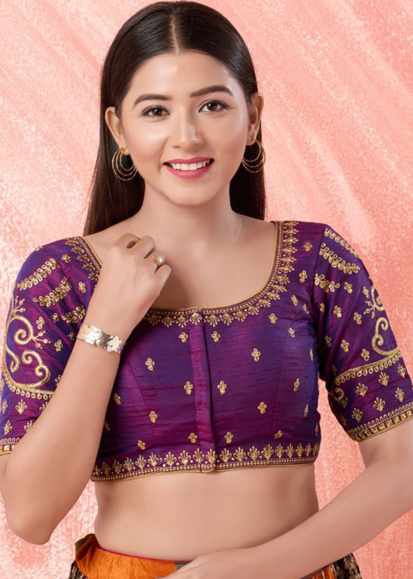 Purple Color Dupion Silk Saree Blouse 