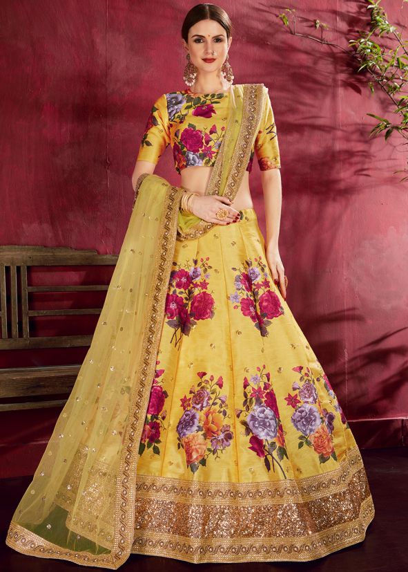 Yellow Floral Print Lehenga Choli With Dupatta