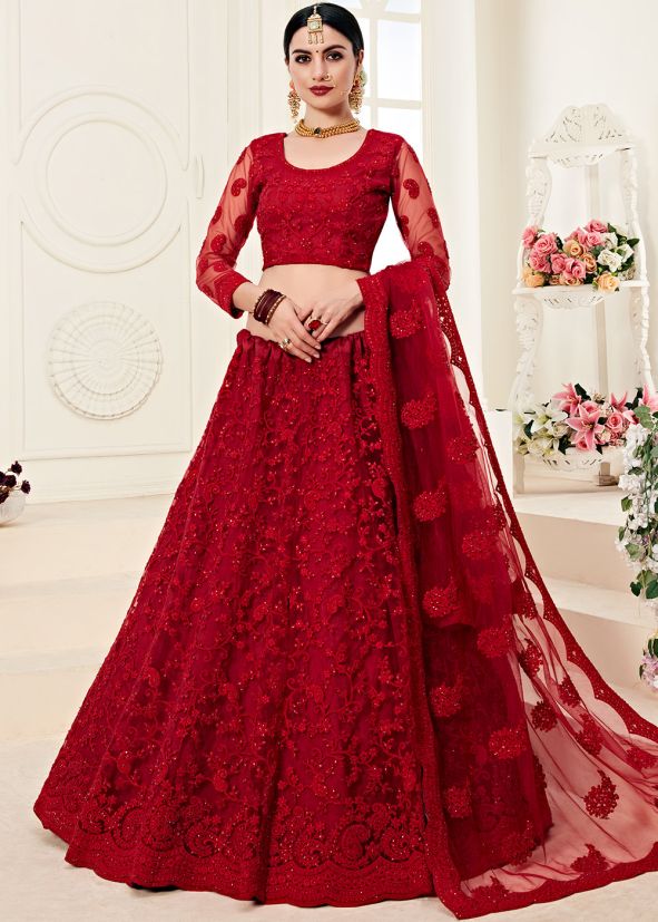 Red Embroidered Net Lehenga Choli With Dupatta