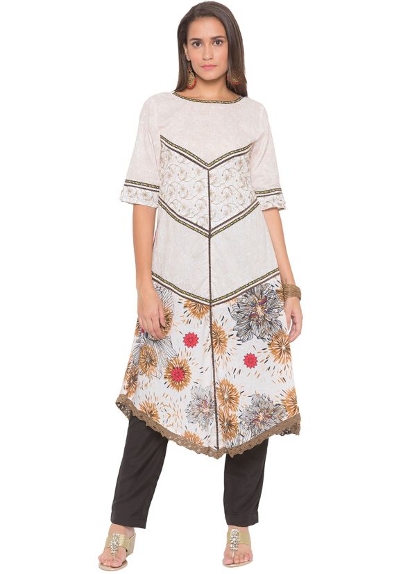 Asymmetric Floral Print Kurta Pant Set In White