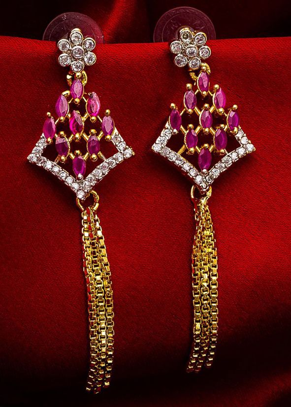 American Diamond Studded Silver Pink Dangler Earrings
