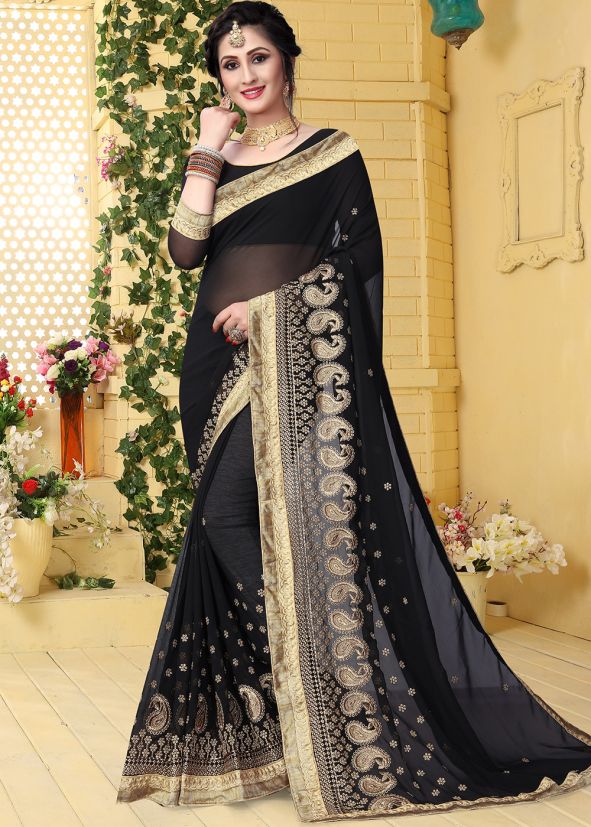Black Georgette Embroidered Saree 