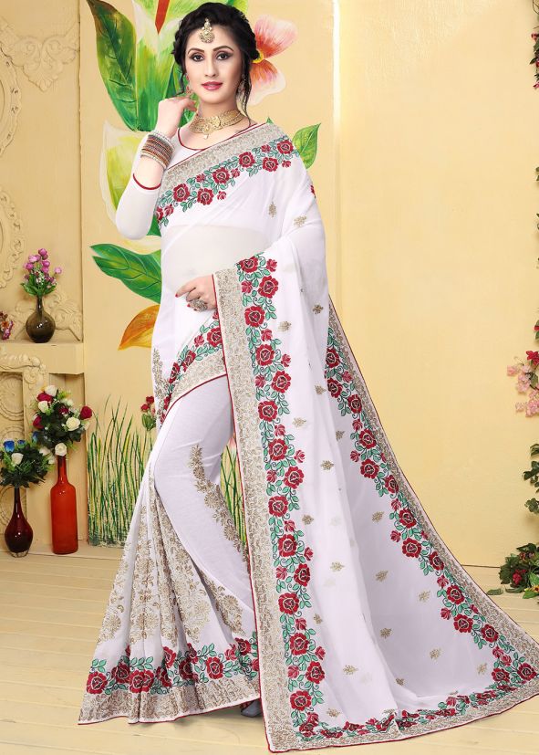 Off White Georgette Embroidered Saree 