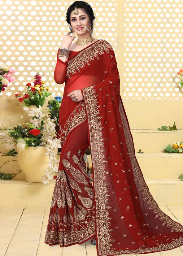 Maroon Georgette Embroidered Saree 