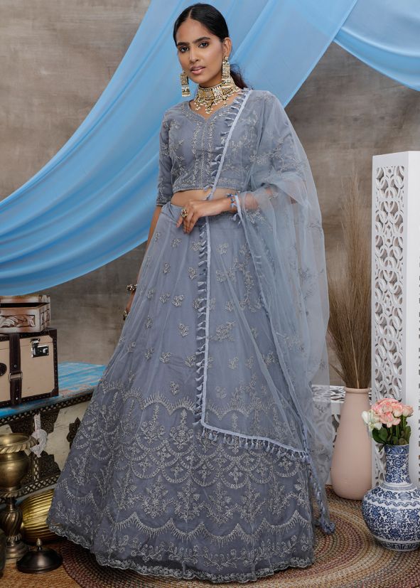 Grey Embroidered Net Lehenga Choli With Dupatta