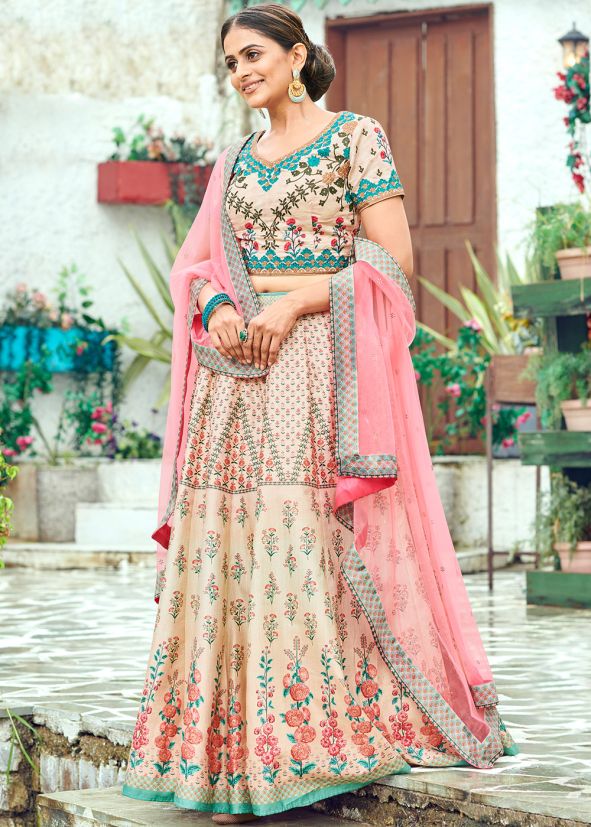 Cream Digital Floral Printed Lehenga Choli With Dupatta