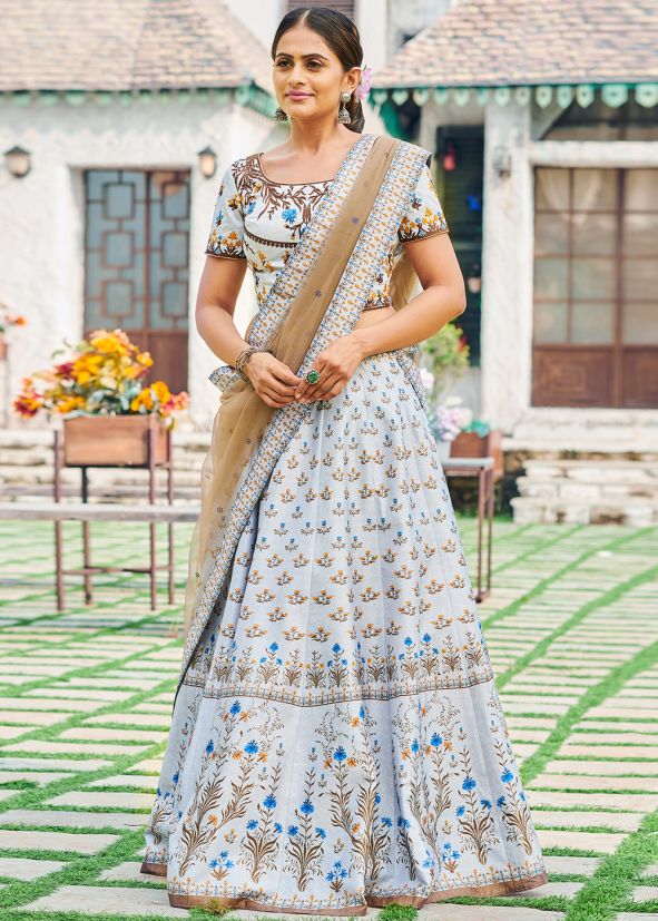 Grey Floral Digital Printed Silk Lehenga Choli 