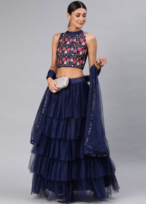 Navy Blue Multi Tiered Style Ruffled Designer Indian Lehenga Choli
