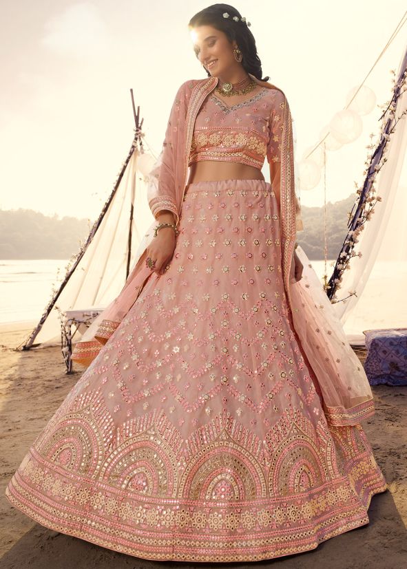 Pastel Peach Embroidered Mirror Work Designer Lehenga Choli With Dupatta Online USA
