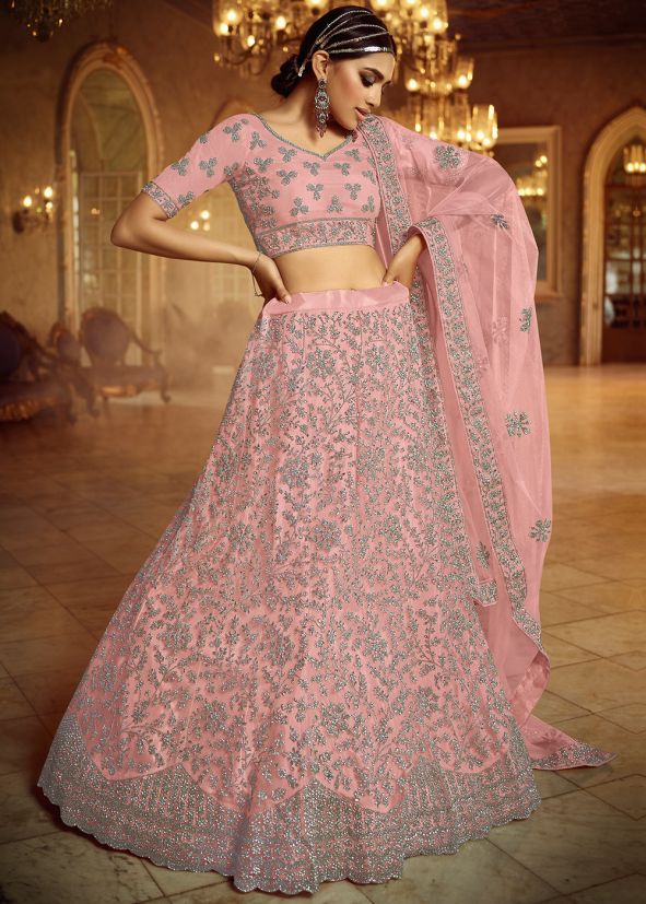 Pink Net Embroidered Bridal Lehenga Choli