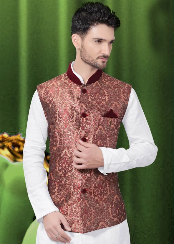 Maroon Woven Jacquard Nehru Jacket