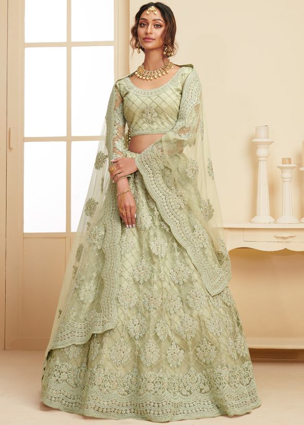 Green Embroidered Net Lehenga Choli With Dupatta