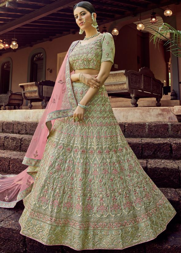 Bridesmaid Green Georgette Embroidered Lehenga Choli