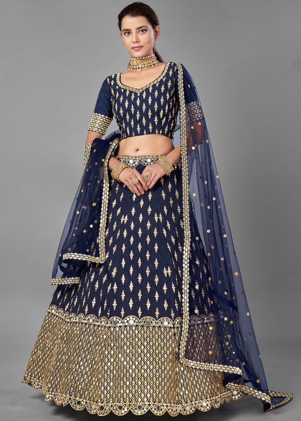 Navy Blue Mirror Work Readymade Lehenga Choli Online Shopping In Silk