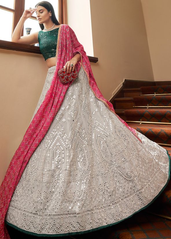 Silver Mirror Embroidered Organza Lehenga Choli