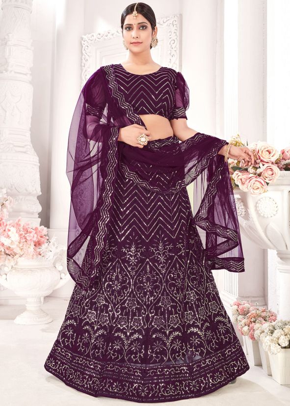 Purple Embroidered Lehenga Choli With Net Dupatta
