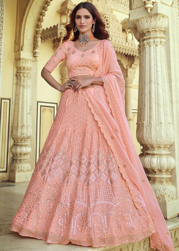 Peach Embroidered Georgette Lehenga Choli