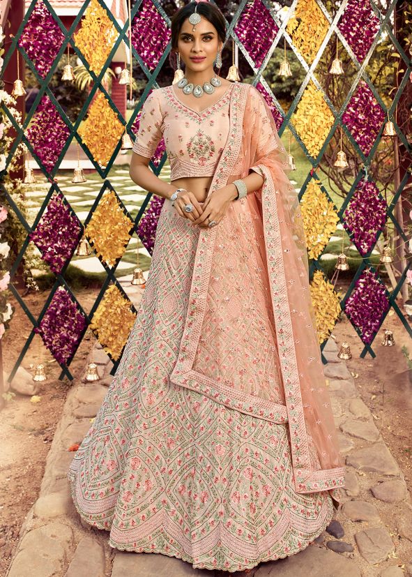 Peach Embroidered Crape Lehenga Choli With Dupatta
