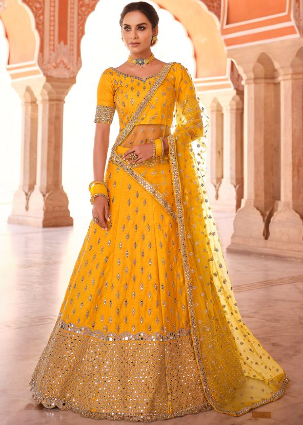 Yellow Mirror Embellished Lehenga Choli In Art Silk