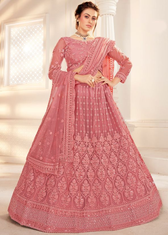 Peach Embroidered Lehenga Choli In Net
