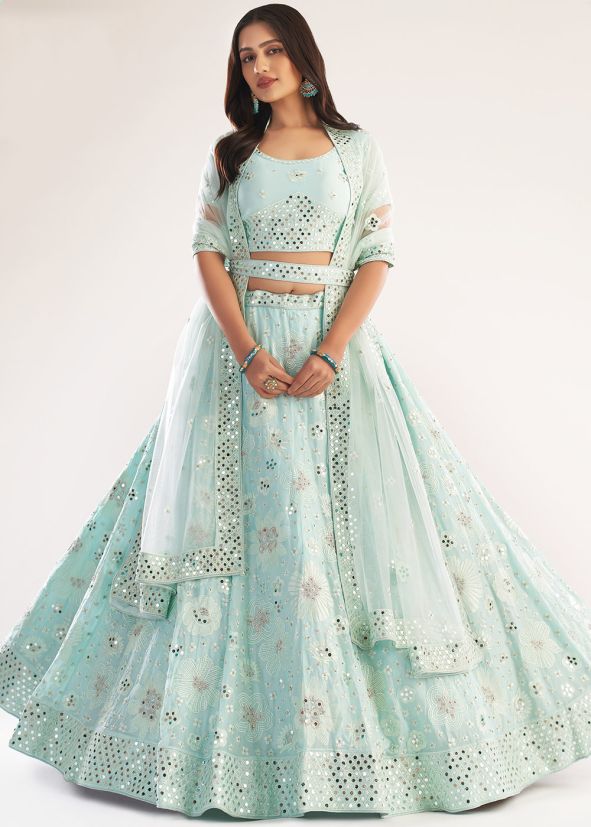 Green Mirror Embellished Lehenga Choli In Net
