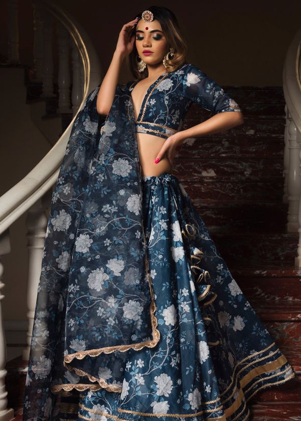 Blue Floral Printed Chanderi Lehenga Choli