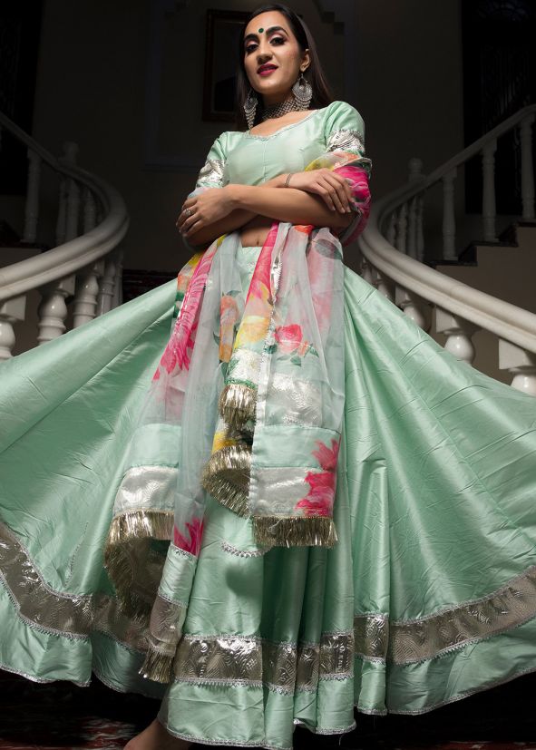 Green Laced Lehenga Choli In Art Silk