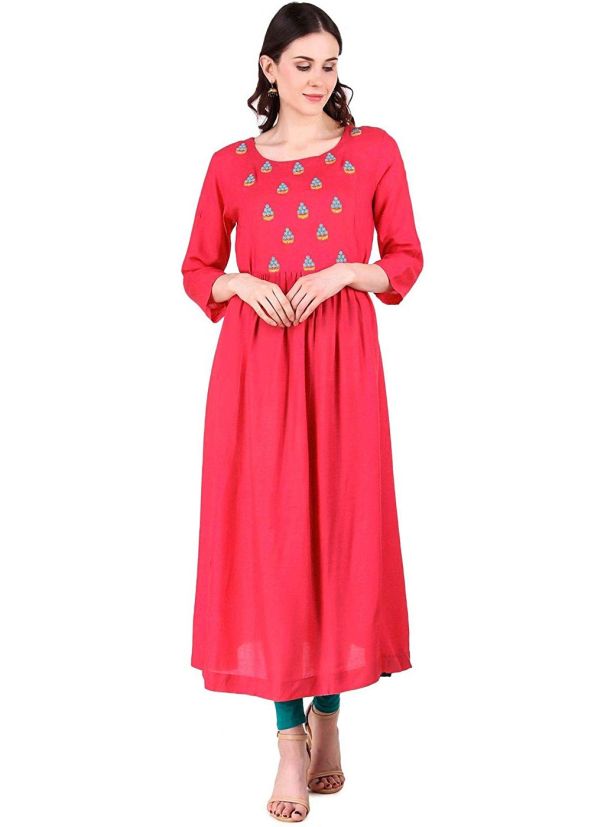 Red Embroidered Flared Kurta With Bottom