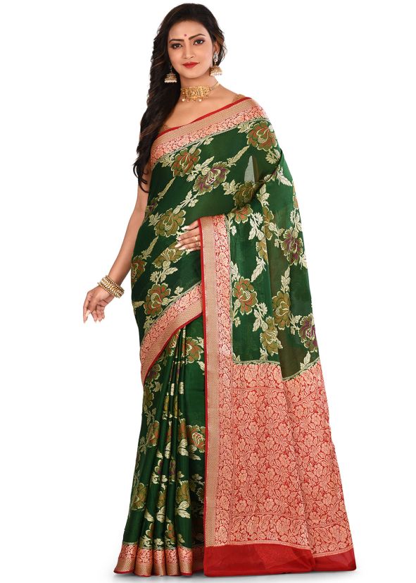 Green And Red Woven Pure Silk Saree