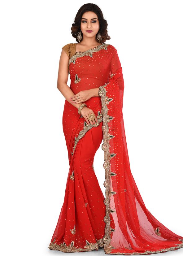 Red Georgette Embroidered Bridal Saree