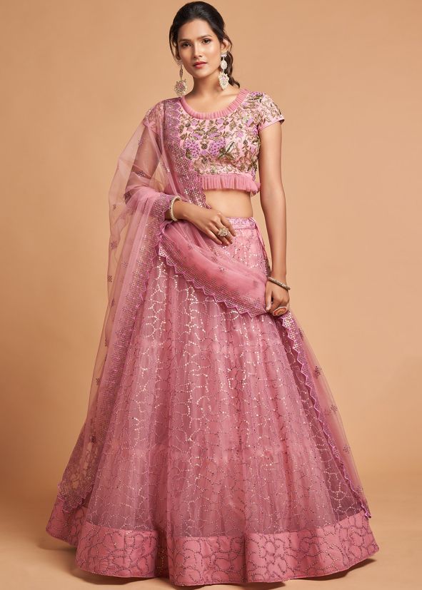 Pink Embellished Lehenga Choli In Net