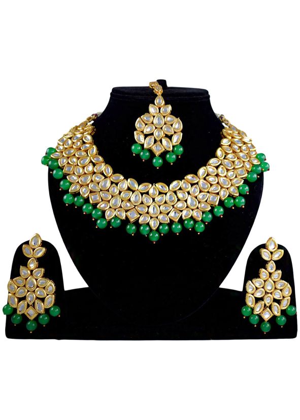 Kundan Studded Green and Golden Necklace Set