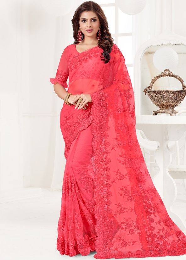Red Embroidered Saree With Blouse