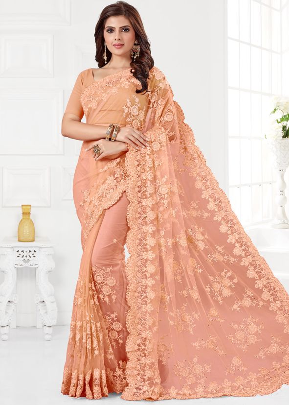 Peach Embroidered Saree With Blouse
