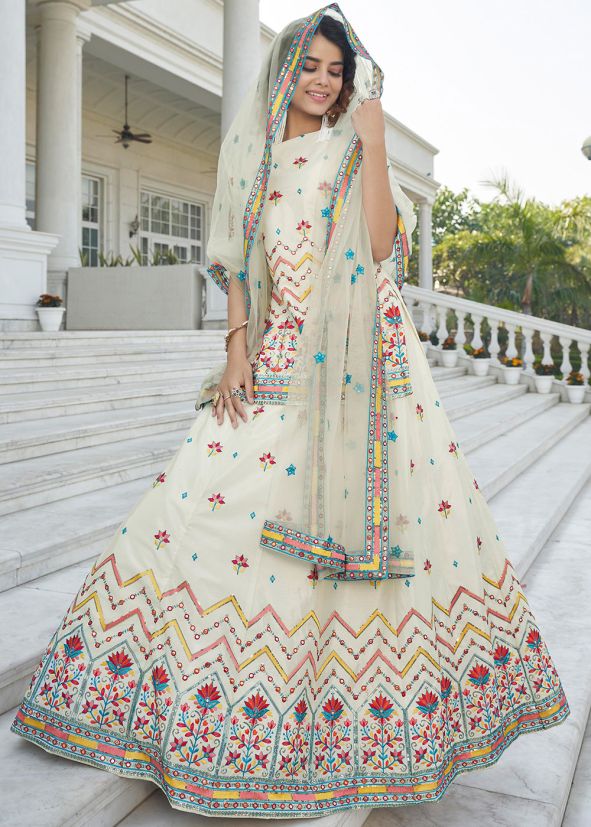 Beige Kurti Style Embroidered Deisnger Chiffon Lehenga Choli