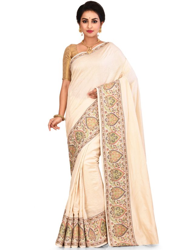 Cream Woven Pure Silk Saree With Blouse
