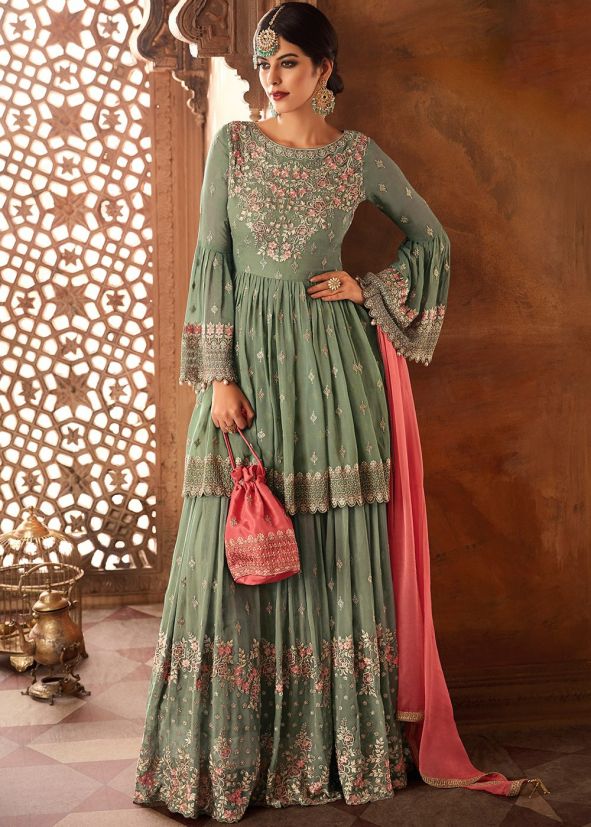 Green Embroidered Bell Sleeved Sharara Salwar Kameez