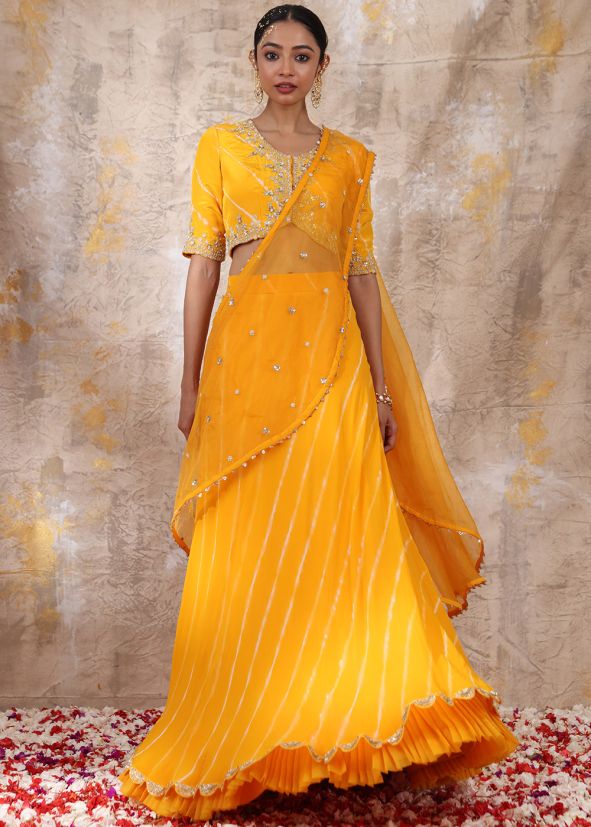 Readymade Yellow Leheria Printed Silk Lehenga Choli